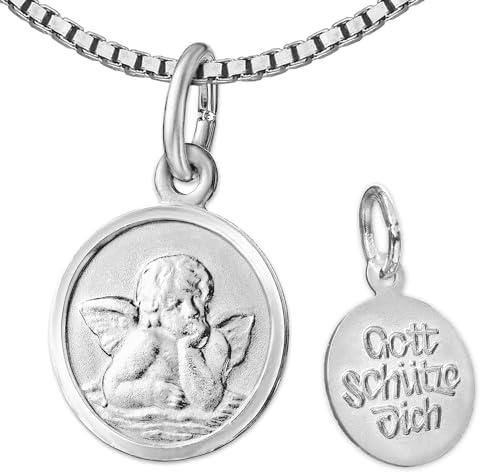 CLEVER SCHMUCK Taufkette Anhänger Schutzengel Silber rund Ø 10 mm Rückseite Gott schütze Dich + Veneziakette 38 cm 925 Sterling im Etui creme