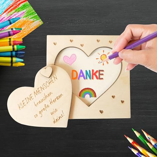 Generic Erzieherin Abschiedskarte, Abschied Kindergarten, Kita Danke Karte, Kleine Menschen brauchen große Herzen, Holzkarte, 10 cm, Holz
