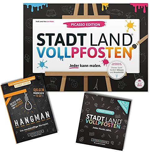 DENKRIESEN - Family-Pack 2 - Stadt Land VOLLPFOSTEN® Picasso Edition + Junior Kartenspiel + Hangman Classic Edition | Kreatives Partyspiel | Familienspiel | Geschenkidee | 3-8 Spieler