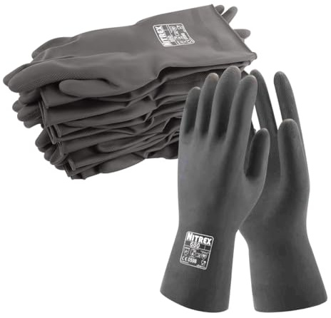 NITREX 680 Chemical Resistant Safety Gloves, Bag of 10 Pairs - Flock Lined Latex Chemical Resistant Gauntlet Gloves in Black, Size 9