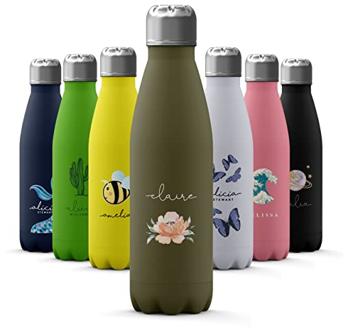 Tirita Personalised Water Bottle - Thermal Travel Flask for Hot & Cold Drinks - Insulated Stainless Steel Bottle - Gym, Office, School Drink Bottles - 500ml water bottle [06- Floral Pink Rose Name]