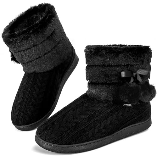 GURGER Hausstiefel Damen Plüsch Hüttenschuhe Warm Gefüttert Winter Frauen Hausschuhe Hohe Knit Hüttenstiefel Feste Sohle Pantoffeln Schwarz Gr. 38 39
