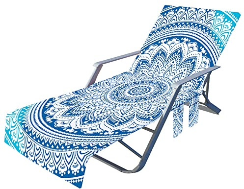 Morbuy Beach Chair Cover Towel, Mandala Print Beach Towel Lounger Bags with Pockets Sunbed Towels Fitted Microfiber Sun Lounger Towels for Summer Outdoor Pool Vacation Travel (blue)