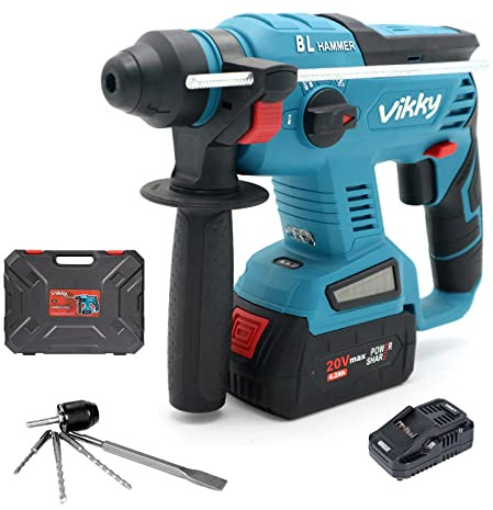 Vikky 20V SDS bürstenloser Akku-Elektrohammer, 4 Funktionen, passend für Bohrer, spitz/flach/U-Meißel, abnehmbarer Hammersatz