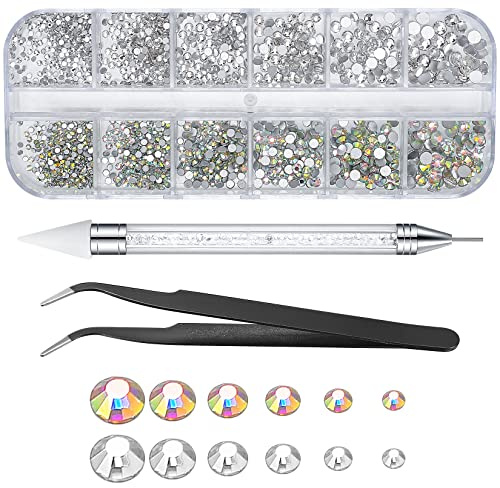 Strasssteine Nail Art, Flache Glitzersteine, Nail Art Nagel Kunst Strass Set, Kristall Nageldesign Gems Strass Rhinestones mit Pinzette und Picking Pen für DIY Handwerk Nägel