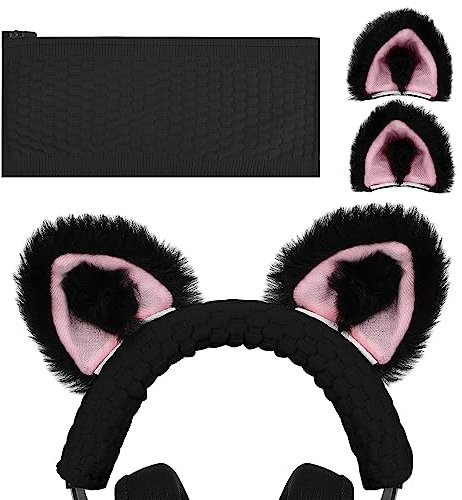 Geekria NOVA Knit Fabric Headband Cover and Cat Ears Attachment Set Compatible with Razer, SteelSeries, HyperX, Sennheiser, Astro, Sony, Logitech, ATH Headphones (Black/Pink)