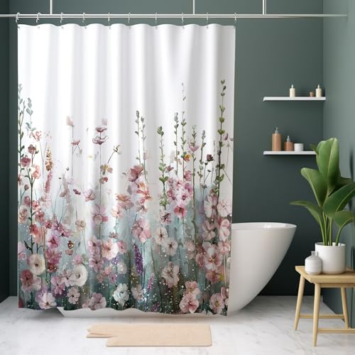 HOMEWINS Duschvorhang 180x200 cm Polyester Textil mit Muster, Waschbar und Schimmelresistant, Wasserdicht und Schnell Trocknend, Badevorhang mit 12 Duschvorhangringe - Rosa Blüten