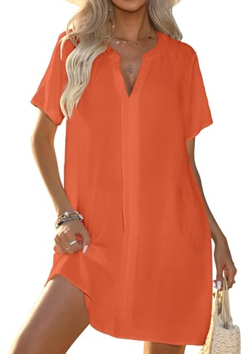 Halife Womens Beach Cover Up Shirt V Neck Silky Bathing Suit Cover Ups Dress Flowy Lightweight Swim Coverup Orange S