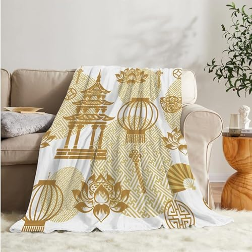 Flanell Kuscheldecke Gelb Geometrie Laterne 135x200 Kinder, Chinesischer Stil Sofa Decke Weiche mit Motiv, Microfaser Fleecedecke Klein Plaid Decke Wohnzimmer Couch