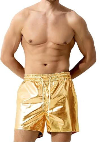 Pantalones cortos metálicos para hombre, pantalones cortos sexis Rave con bolsillos laterales, pantalones cortos elásticos metálicos de cuero Pu para ropa de discoteca, pantalones cortos brillantes