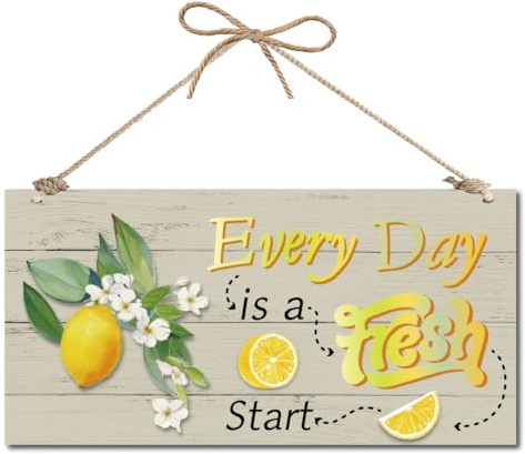 CREATCABIN Lemon Hanging Sign Front Door Sign Room Door Display Wood Home Decor Plaque Rustic Vintage House Garden Decoration Gift for Family Friends Birthday Christmas 12x6 Inch Every Day Is A Fresh