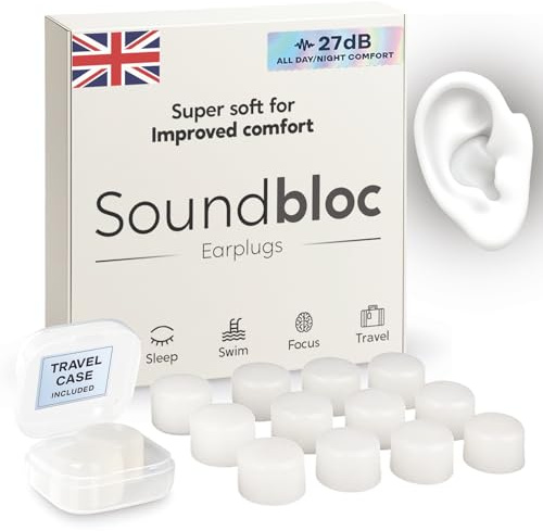 Soundbloc Earplugs™ - Ear Plugs for Sleep - Comfortable Custom Fit Noise Cancelling Reusable Soft Silicone, 27dB Sound Reduction - Swimming, Travel, Focus, Work. (Air, Small - Medium)