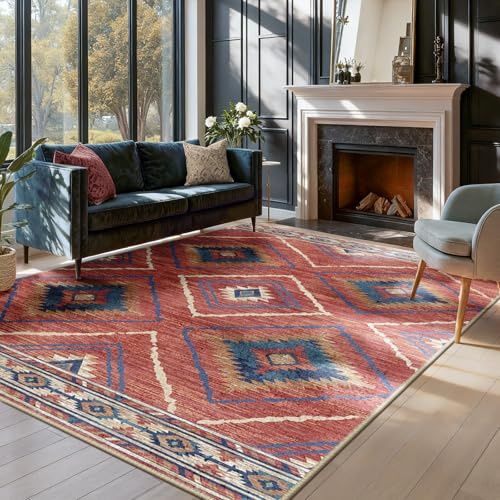 DEFYNEE Machine Washable Area Rug, Unisex, Red, 120 x 180 cm, Moroccan Style, Living Room, Kitchen, Bedroom, Hallway, Dining Room