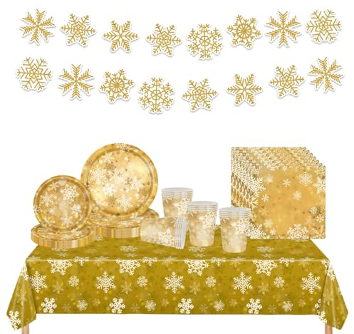 70Pcs Christmas Party Gold Tableware Set,Gold Snowflake Paper Cups Napkins Plates and Snowflake Table Cloth Party,Xmas Snowflake Banner with Paper Dinnerware for Adults Xmas Party Favor Tableware