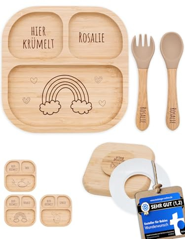 Bärenfreunde® - Personalisierter Teller Mit Saugnapf - Praktisches Beikost Zubehör Mit Namen - Baby Teller Rutschfest - Personalisierte Geschenke (Regenbogen)