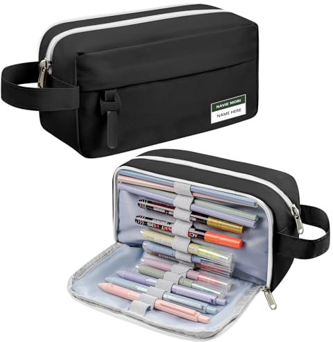 Navie Mobi Astuccio Scuola Nero,Astuccio Portamatite Grande Capacità,Astuccio Penne con 3 Scomparti,Maniglia e occhiello,organizer per Ragazze,Ragazzi,Studen