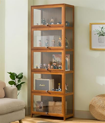 Pounjsd Großer Kapazität Klare Regal Vitrine, Glas Acryl vitrine, Bambou Bücherregal Vitrinenschrank, Holzvitrine, Braun Curio-SchräNke, 60cm Glasvitrine für Bücher, Wein, Büro, Wohnzimmer, Küche