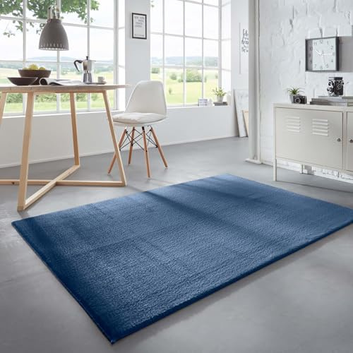 Taracarpet Waschbarer Flauschiger Uni Kurzflor Teppich, Anti-Rutsch, Felloptik, Super Soft dunkel blau 240x340 cm