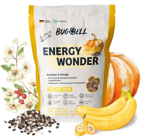 BugBell 800g EnergyWonder - Premium Trockenfutter mit Insekten - Hypoallergen Sensitiv Futter für Hunde - Ausdauer & Energy mit L-Carnitin - High Energy Hundefutter trocken mit Weißdorn, Kürbis & Chia