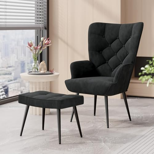 Aivermeil Samt-Ohrensessel mit Hocker, Schwarz | Passender Hocker; hohe Rückenlehne; Knopfheftung; Relaxsessel für Wohnzimmer, Schlafzimmer & Leseecke; bis 150 kg