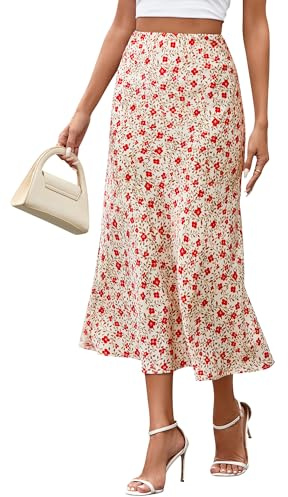 BTFBM Satin Skirts for Women Trendy Summer 2025 High Waisted A-Line Leopard Print Cocktail Wedding Long Silk Midi Skirt(Floral Apricot Red, Small)