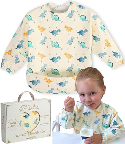 BELEA Babero con Mangas Impermeable Bebe BLW con Bolsillo Recogemigas Alimentacion Complementaria Babete Impermeável Bebe Libre BPA Ajustable 6 a 36 Meses 3 Años Regalo Original Cumpleaños Baby Shower