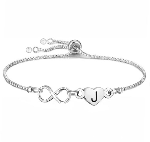 Yumioxa Großbuchstaben Unendlichkeit Buchstaben Armbänder Frauen Schmuck für Mädchen Geburtstag Weihnachten Thanksgiving Jahrestag Unendlichkeit Verstellbare Kette Armband Geschenk (J)