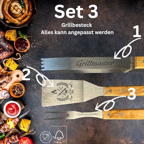 Grill-Set mit Gravur Edelstahl – BBQ Geschenkset OPTIONAL mit Akazienbrett – Grillzubehör für Männer Vater Geburtstag Opa Freund Vatertag (Set 3)