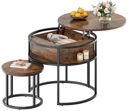 YITAHOME Mesa de Centro Redonda, Juego de 2, Mesa de Salón Vintage con Espacio de Almacenamiento, Mesa Centro Elevable y Extensible 60 x 60 x 50 cm, 38 x 38 x 30 cm