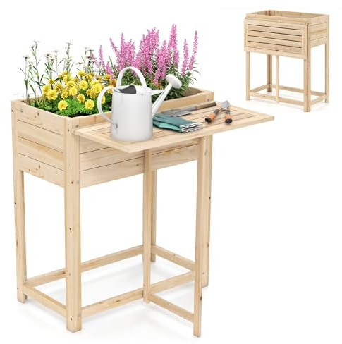 COSTWAY Upphöjd säng med vikbar bordsskiva, blomlåda trä med dräneringshål, upphöjd planteringslåda för blommor örter grönsaker frukt, trädgårdsbädd gran, 63 x 67 x 74 cm, natur