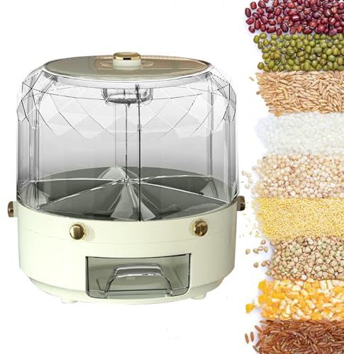 ycezw Rotating Rice Bucket – Countertop Grain Dispenser Bin | Multi-Grid Dry Food Storage With Smooth Design For Easy Access To Rice, Beans, Snacks, Or Cereal, Perfect For Organized Cooking Spaces,