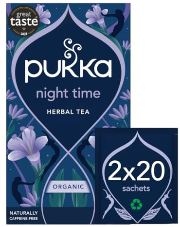 Pukka Herbs, Night Time Organic Herbal Sleep Tea Box, Chamomile, Lavender, Oat Flower, & Limeflower, Natural For Bedtime Relaxation, Caffeine Free, 2 Packs, 40 Plant Based Biodegradable Tea Bags