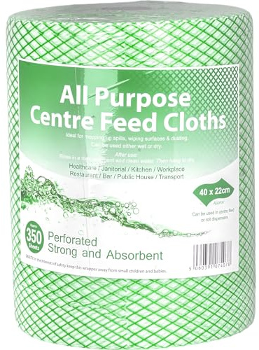 All Purpose Green Center Feed Roll – 350 Sheets, Strong & Absorbent Cleaning Roll for Kitchens, Catering & General Use, Paper Towel Wipes