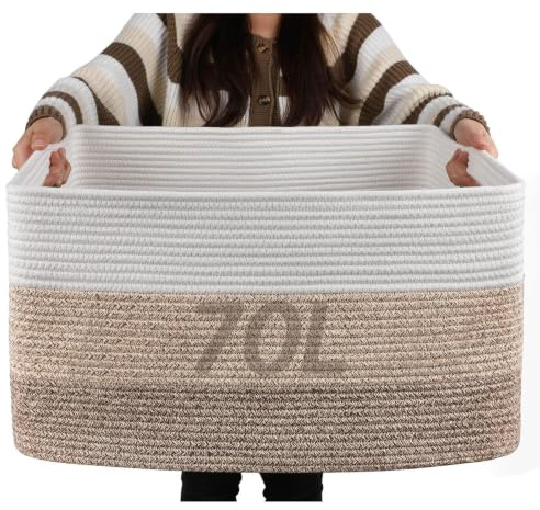 wiksite Large Woven Storage Baskets, 70L Laundry Basket with Handle, Blanket Basket Living Room, Cotton Rope Toy Storage Bin for Dirty Clothes, Toy Organizer for Kids Room, Playroom, Nursery