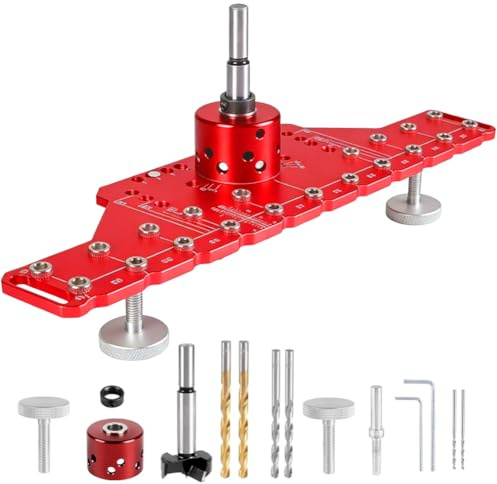 Bohrschablone 2‑in‑1, Topfscharnier‑Schablone, Alu‑Bohrführung für Möbelbau | Passend für 5 mm sowie 1/4‑Zoll‑Bohrer, für Regalstifte und Holzdübel. Präzise Bohrlehre für Arbeiten im Möbelbau.