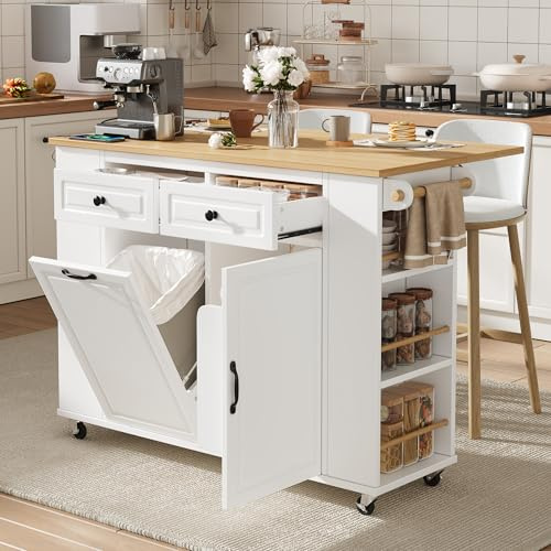 DACHETOU Isola da cucina con ruote, bianco, 90 x 120 cm, tavolo da pranzo allungabile, con scomparto per rifiuti e porta asciugamani, carrello da portata mobile con ciabatta