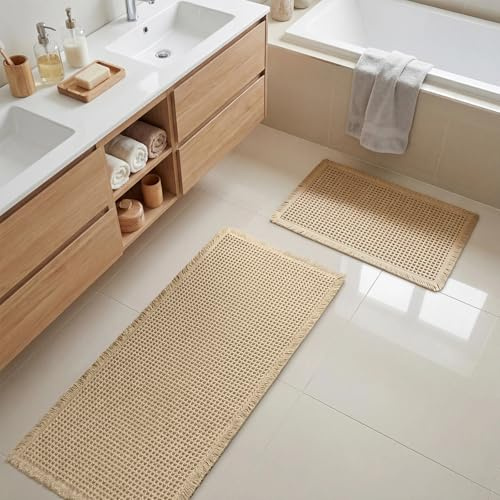 wiipara Großer Badezimmerteppich Set 2 Teilig, Boho Waffel Badteppich Beige | Rutschfeste Badematte Waschbar Badezimmermatte Bad Vorleger für Wohnzimmer Badezimmer Wäscheraum Küche, 50x120cm + 43x61cm