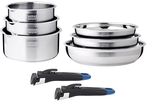Arthur Martin - Batterie de Cuisine 8 Pièces - Acier Inoxydable 18/10 - Tous Feux dont Induction - Couvercles Verre - Poêles Ø20/24/26 cm - Casseroles Ø16/18/20 cm - Bec Verseur Graduations
