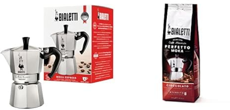 Bialetti Caffettiera Moka Express 4 Tazze, Manico Anti Scottatura, Non Adatta A Induzione, 4 Tazze (190 Ml) Perfetto Moka Caffè Macinato, Gusto Cioccolato 250 gr