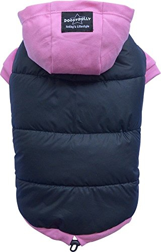 Doggy Dolly W262 Hundemantel/Hundepullover wasserabweisend mit Kapuze, schwarz/pink, Wintermantel/Winterjacke (XS- Brust 31-33 cm Rücken 18-20 cm)