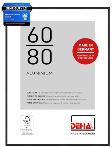 DEHA Design Aluminium Bilderrahmen Boston, 60 x 80 cm, Schwarz | Aluminium Posterrahmen im Hoch- & Querformat zum Aufhängen Schwarz matt bruchsicheres Kunstglas