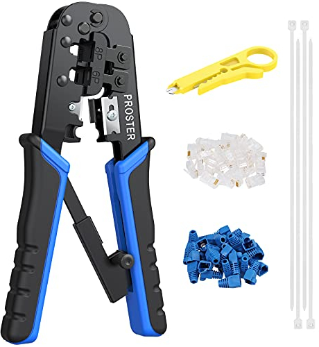 Herramienta Crimpado RJ45 Cat5 Cat5e Crimpadora RJ-11, 6P/RJ-12, 8P/RJ-45 con 60pcs Conectores y Cubiertas 100pcs Bridas de Nylon 1pcs Pelacables Herramienta para Cable de Red
