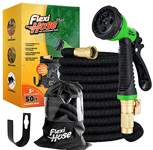 Flexi Hose Expandable Garden Hose - 50FT Heavy Duty Water Hose, Retractable Hose with 2cm Brass Fittings - Expandable Hose Design Includes Carry Case, Hook & Spray Nozzle (15 Metres)