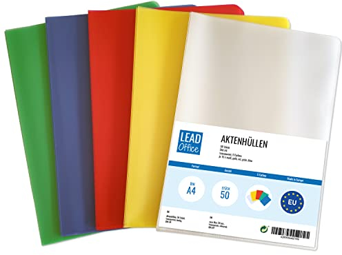 50 Aktenhüllen bunt DIN A4, Dokumenten-Hüllen oben & seitlich offen, farbige Klarsicht Schutz-Hüllen für Dokumente & Papier, dokumentenecht & genarbt