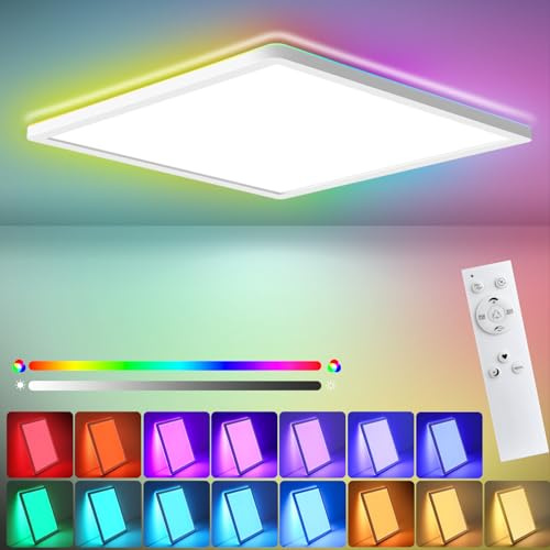 Oraymin LED Deckenleuchte Dimmbar mit Fernbedienung, 22W 2420LM 30CM/RGB Farbwechsel LED Deckenlampe Dimmbar, IP44 Quadratisch Flach Panel Lampe für Wohnzimmer Schlafzimmer Kinderzimmer 4000K Warmweiß
