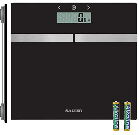 Salter 9198AR BK3R Analysatorwaage, ultraschlanke gehärtetes Glas Körperanalysewaage mit großer Plattform, digitale Personenwaage für Körperfett, BMI, LCD-Anzeige, inkl. Batterien, 8 Benutzer, schwarz