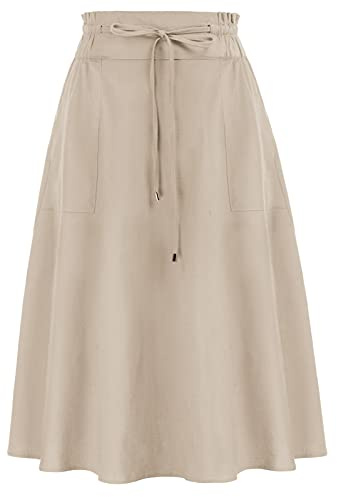KANCY KOLE Women’s Khaki Midi Skirt Elastic Frill Waist Cotton Linen Skirt Casual Work Long Skirt with Pockets L