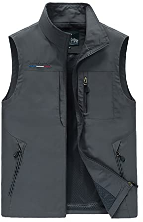 WDBZTJ Herren Outdoor Weste mit Vielen Taschen Sommer Anglerweste Mode Lässig Ärmellos Jacke Nylon Safari Funktionsweste für Jagd Wandern,Grau,6XL