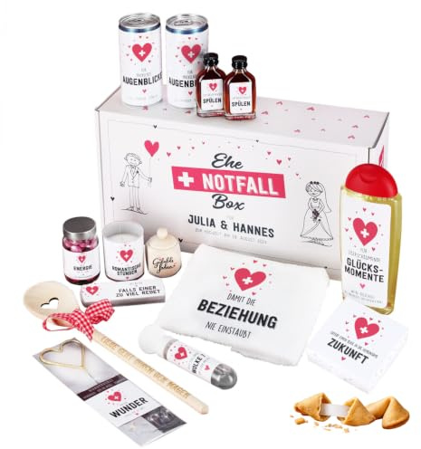 Lustiges Hochzeitsgeschenk Ehe-Notfall-Box mit Namen personalisierte Hochzeitsgeschenke für Brautpaar witziges Geschenk Hochzeit vielen wichtigen Produkten bestückt