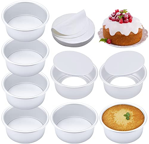 AWTBDP 4 Inch Round Cake Pan Set of 8, Nonstick Aluminum Baking Pans with 100 Sheets Parchment Paper, Easy Pop Out Removable Bottom Cake Pans for Mini Cheesecakes, Dessert, Pizzas and Quiches
